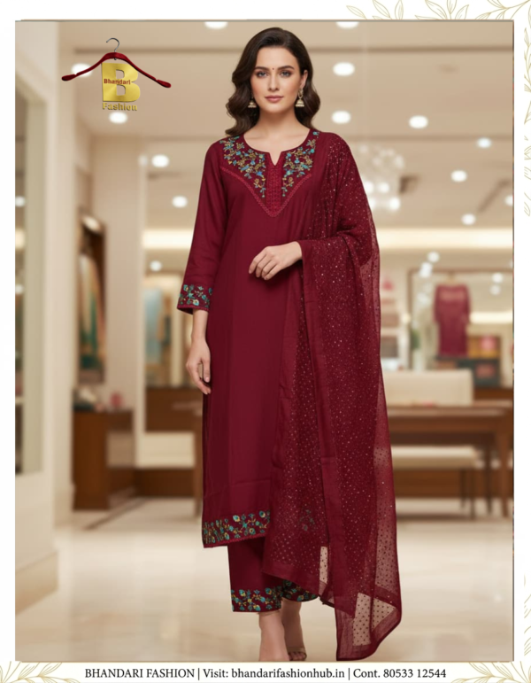 Ladies Maroon Classy Look Silk Suit