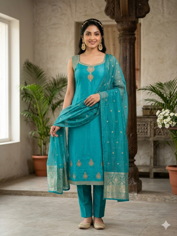 Ladies Premium Roman Glass Fabric Blue Suit