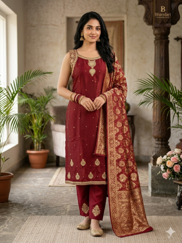 Ladies Premium Roman Glass Fabric Maroon Suit