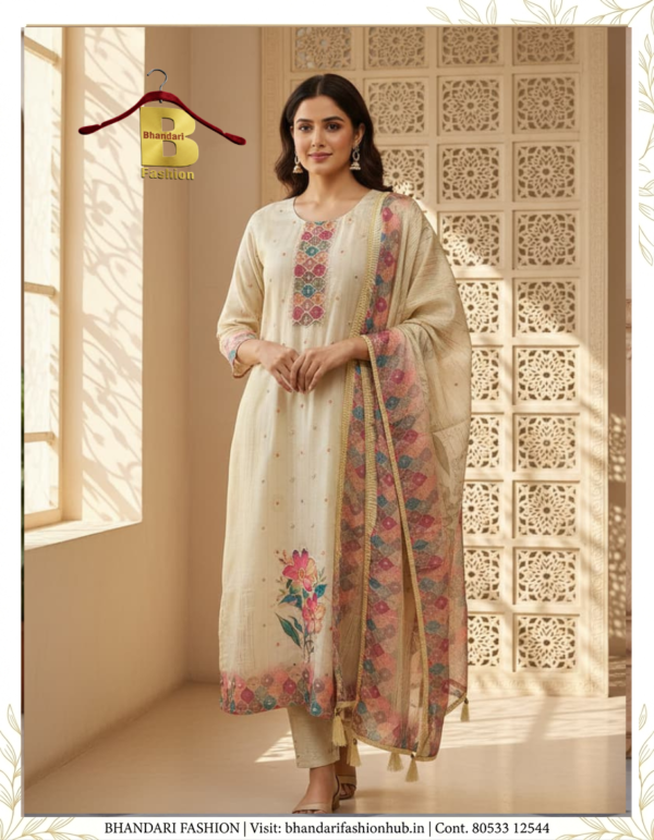 Ladies Special Silk Off White Suit With Floral Pattern